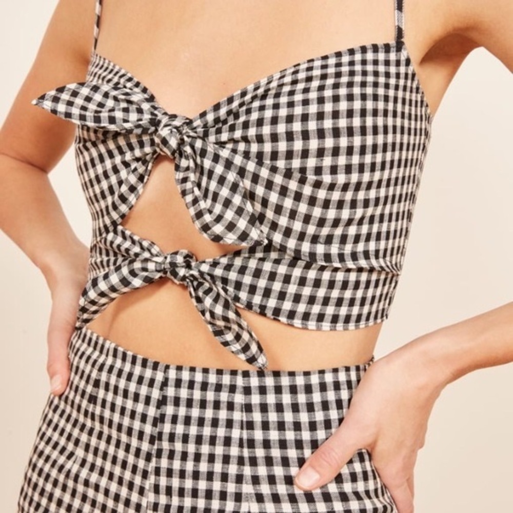 Reformation Black and White Gingham Tie-Front Crop Top